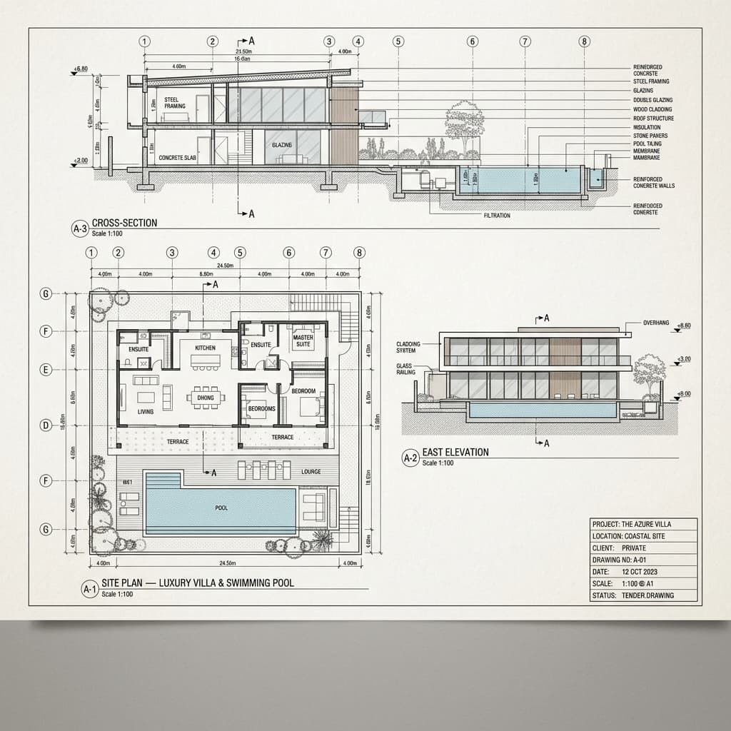 Professional architectural drawing and technical line sketch of a luxury villa with a custom swimming pool